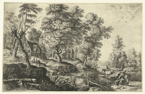 Landschap met mannen die uitgespannen wagen duwen