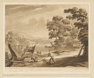 Landschap met meer en mannen bezig met scheepsbouw