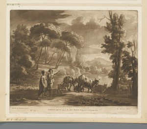 Landschap met meer en twee herders met vee