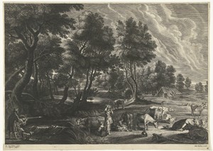 Landschap met melkmeisjes en koeien en jagers