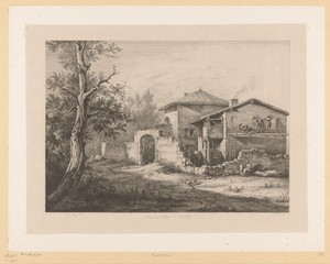 Landschap met metselaars bij een huis
