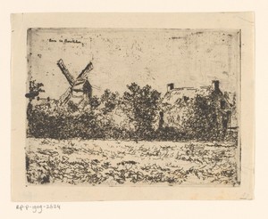 Landschap met molen en huis