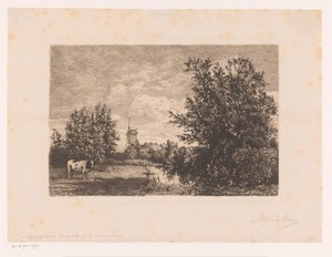 Landschap met molen en koe