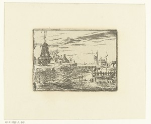 Landschap met molen en schip in haven