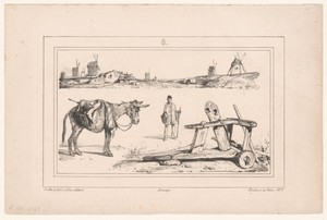 Landschap met molens, ezel, boer en landbouwwerktuig
