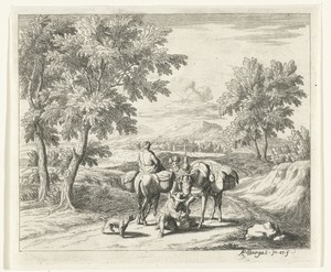 Landschap met muilezeldrijver die poot van ezel verzorgt