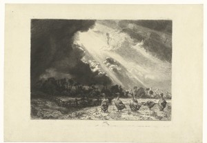 Landschap met naderende onweersbui en ganzen in weide