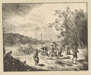 Landschap met oever waar mannen spullen van een boot laden