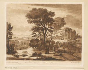 Landschap met ontmoeting van Jacob, Rachel en Lea bij de bron