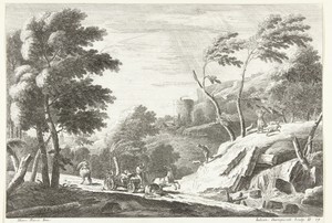 Landschap met onweer en geschrokken dieren bij kleine waterval