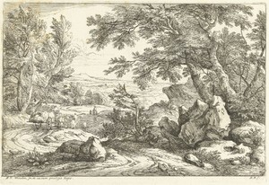 Landschap met paard en wagen op een weg