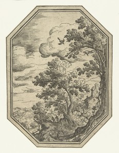 Landschap met pad tussen bomen in octagonaal kader