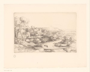 Landschap met plank over een rivier
