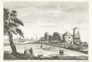 Landschap met ploegende boer bij boerderij