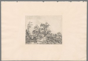 Landschap met poel en een pad dat tussen boerderijen en bomen naar een veld loopt