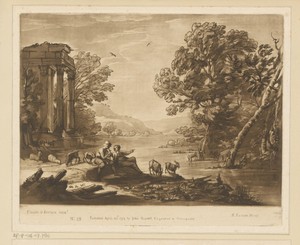 Landschap met portico en rustende herders met vee aan rivieroever