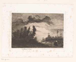 Landschap met rechts een kruis waarvoor een vrouw het hoofd buigt