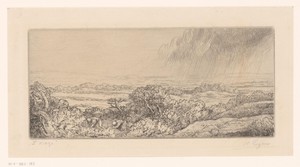 Landschap met regenwolken en twee bukkende figuren