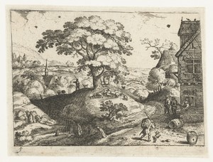 Landschap met reiziger bij herberg