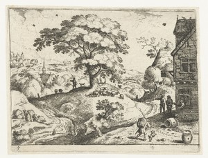 Landschap met reiziger bij herberg
