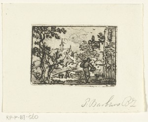 Landschap met reiziger bij herberg