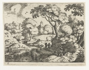 Landschap met reiziger en soldaten