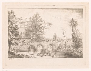 Landschap met reiziger op een brug over een rivier
