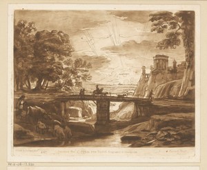 Landschap met reizigers die een brug oversteken bij zonsondergang