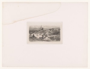 Landschap met reizigers, een molen in de achtergrond