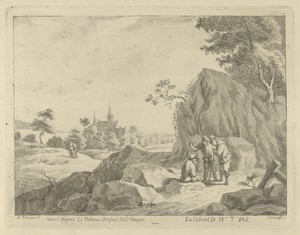 Landschap met reizigers en herders