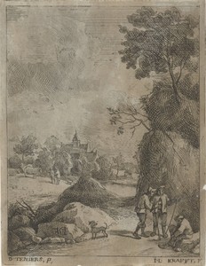 Landschap met reizigers en twee herders