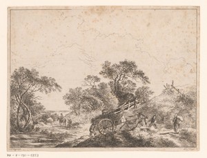 Landschap met reizigers met paard en wagen