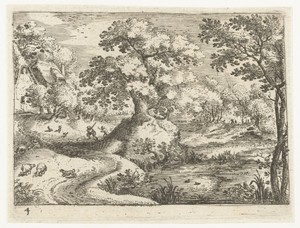 Landschap met reizigers nabij huizen