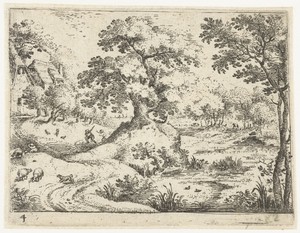 Landschap met reizigers nabij huizen