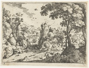 Landschap met reizigers nabij kasteel