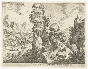 Landschap met reizigers op steile rots
