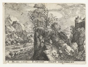 Landschap met reizigers op steile rots