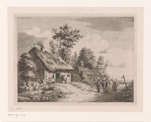 Landschap met rietgedekte boerderijen bij Halle
