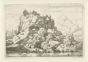Landschap met rivier aan de voet van een hoge rots