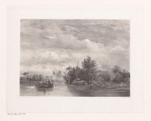 Landschap met rivier, boten en huizen