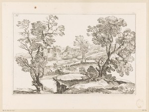 Landschap met rivier en bomen, met op achtergrond een vestingstad