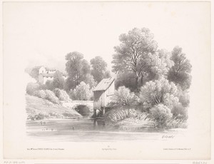 Landschap met rivier en brug