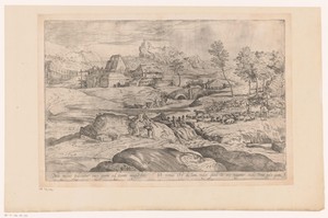 Landschap met rivier en cascade op de voorgrond
