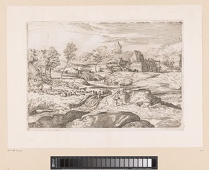 Landschap met rivier en cascade op de voorgrond
