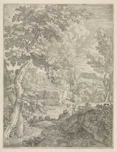 Landschap met rivier en een klassieke ruïne