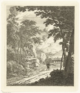 Landschap met rivier en man met hond