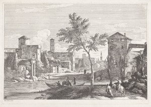 Landschap met rivier en stad