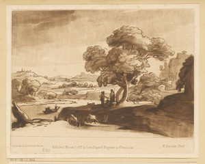 Landschap met roeiboot op een rivier, drie herders en vee