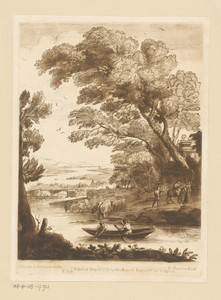 Landschap met roeiboot op een rivier en vlucht naar Egypte
