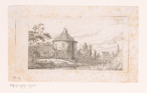 Landschap met rond gebouw aan het water